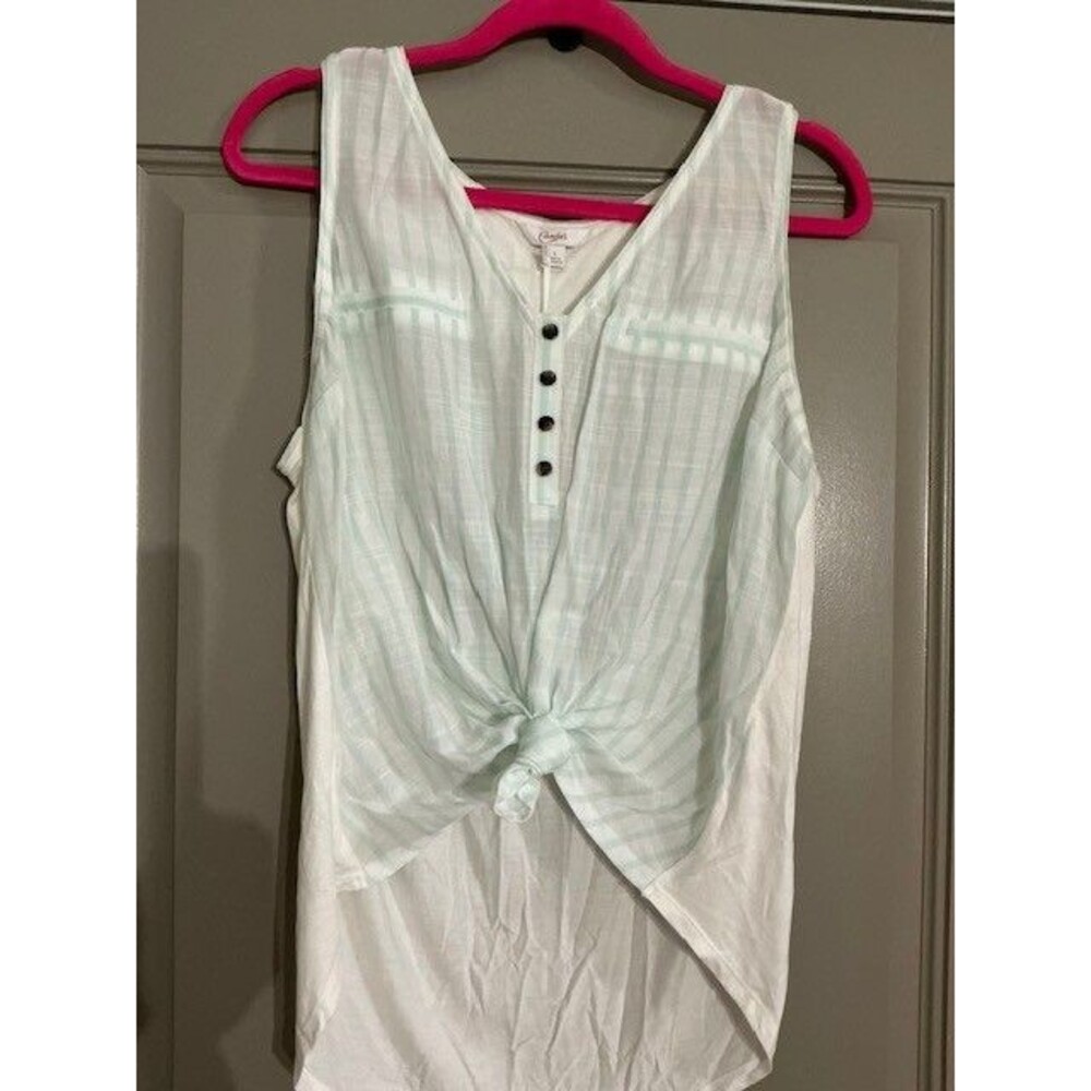 Candies Sz L White and Green Stripe Tie Front Mixed Media Tan Shirt NWT